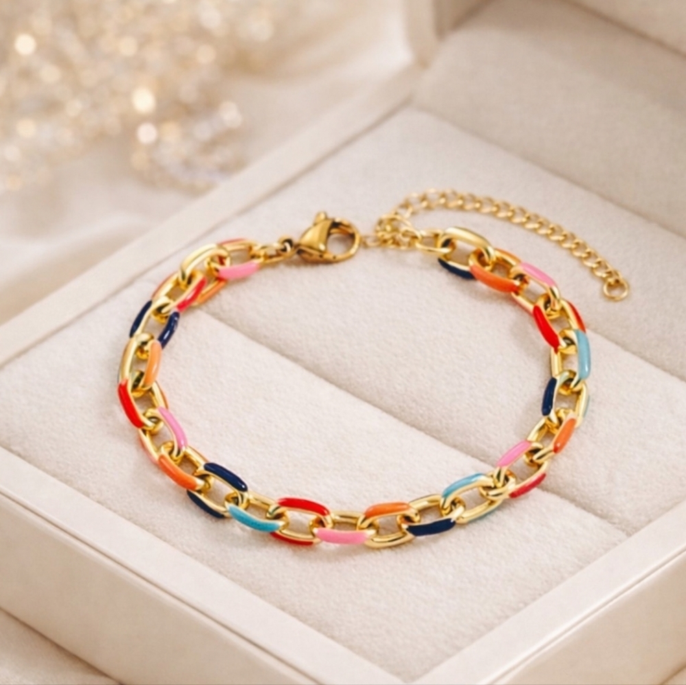Colorful Enamel and 18k Gold Plated Stainless Steel Statement Chain Bracelet